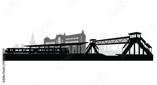 Black silhouette of a city train and bridge scene silhouette