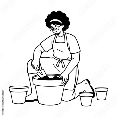 Hand drawn illustration of a person gardening, potting soil into a large plant pot
