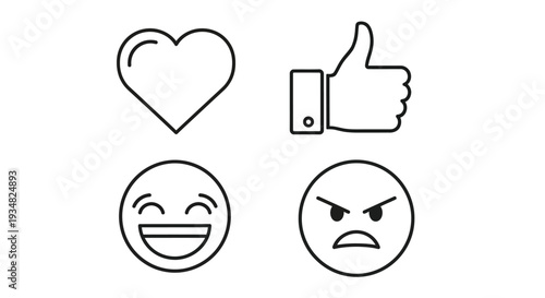 Simple line art icons displaying emotions and approval silhouette