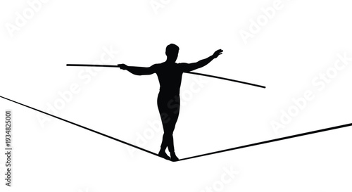A tightrope walker balancing carefully depicted in black silhouette