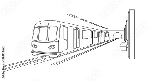 Line drawing of a subway train approaching a station platform silhouette