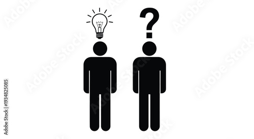 Two figures contemplate an idea and a question mark silhouette