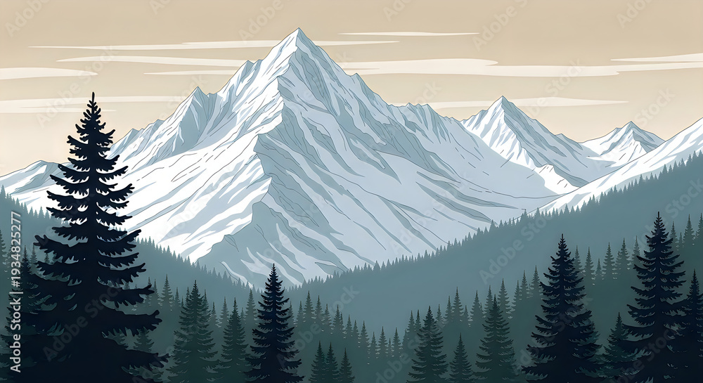 Fototapeta premium A snow covered mountain range with pine trees
