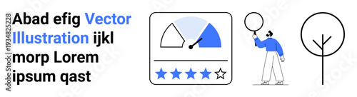 Performance gauge with star rating panel, person holding a balloon, and a simple tree illustration. Ideal for feedback, evaluation, nature, rating, growth, minimalism and simple landing page