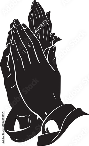 Praying hands in black and white illustration style