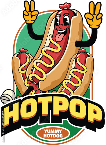 Retro detailed mascot of a happy hotdog character with mustard and ketchup for fast food and snack bar