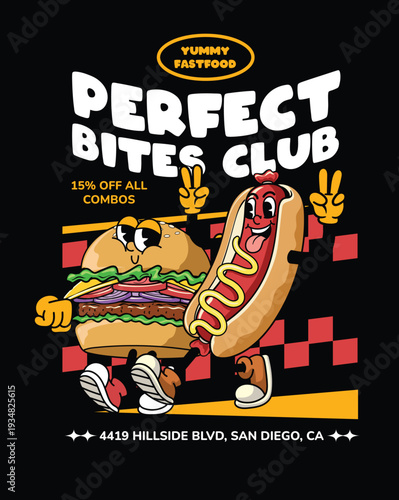 Vintage detailed mascot of a burger and hotdog character duo for "Perfect Bites Club" fast food branding