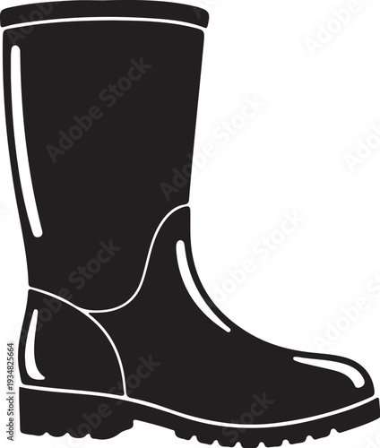 Black Rubber Rain Boot Illustration with White Outline Details
