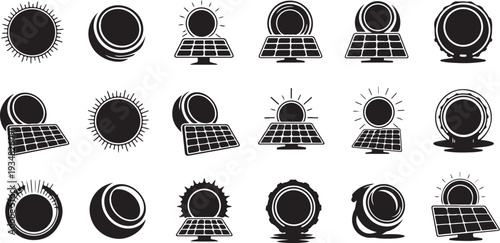 Solar panel and sun icons in black and white