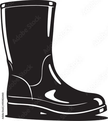 Black Rubber Rain Boot Illustration with White Outline Details