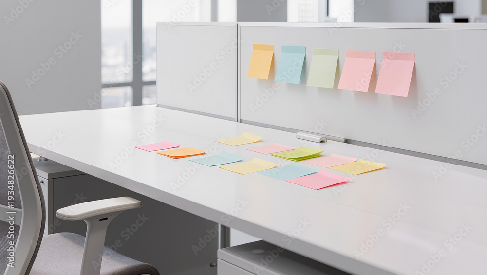 Fototapeta premium Office Desk with Sticky Notes and Cubicle Wall - Productivity Concept