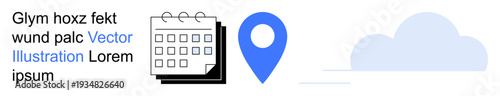 Time management, event planning, cloud storage, GPS navigation, digital tools, online scheduling. A calendar, location pin and cloud symbol. Time management and event planning concepts