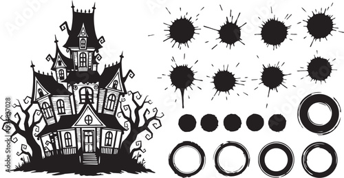 Spooky haunted house silhouette with gnarled trees and a set of graphic ink splatters and grunge circles