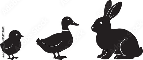 Black silhouettes of baby animals: chick, duckling, and rabbit, representing new life and innocence