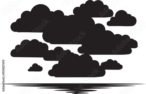 Black clouds silhouette on white background with water reflection