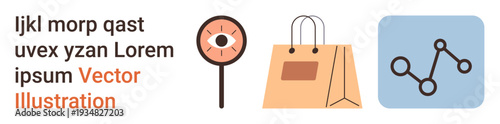 E-commerce, retail branding, market analysis, data visualization, shopping trends, surveillance. Features an eye, shopping bag and network graphic. E-commerce and market analysis