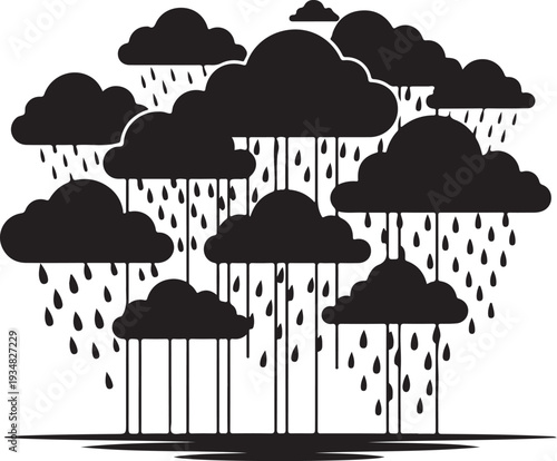 Black clouds raining down on a white background illustration