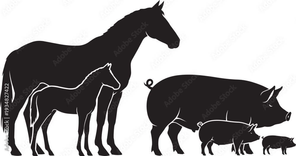 Fototapeta premium Farm animal silhouettes of a horse family and a sow with piglets, representing growth and nurture.
