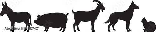 Collection of farm animal silhouettes: donkey, pig, goat, dog, and cat, for rural or pet themes.