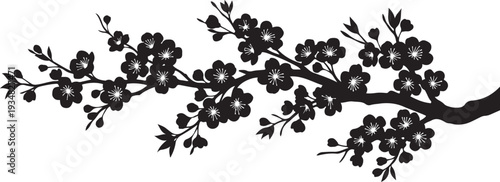 Silhouette of a blooming tree branch with flowers isolated