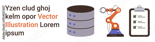 Data management, automation, robotics, task planning, industrial processes, analytics. Database, robotic arm clipboard with checklist. Data management and automation for technology