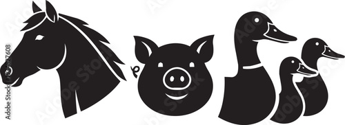 Farm Animal Head Silhouettes: Horse, Pig, and Ducks in a Graphic Arrangement