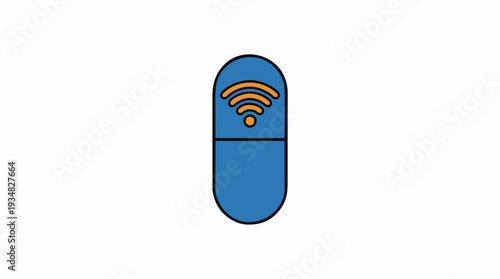 Blue capsule with orange wifi symbol on white background represents digital health and connectivity