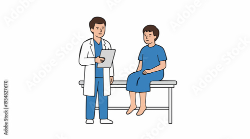 Doctor in White Lab Coat Consults Young Patient in Blue Gown Sitting on Exam Table in White Room