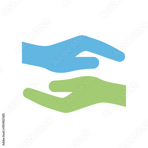 Simple graphic of two hands, blue on top and green below, illustrating concepts of care, protection, and reciprocal support.