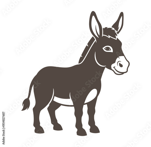 Brown donkey standing alone on white background looking sideways