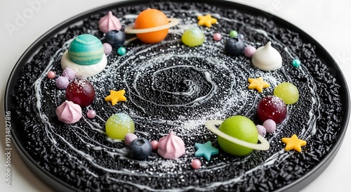 Whimsical edible universe cake, an abstract culinary galaxy dessert design