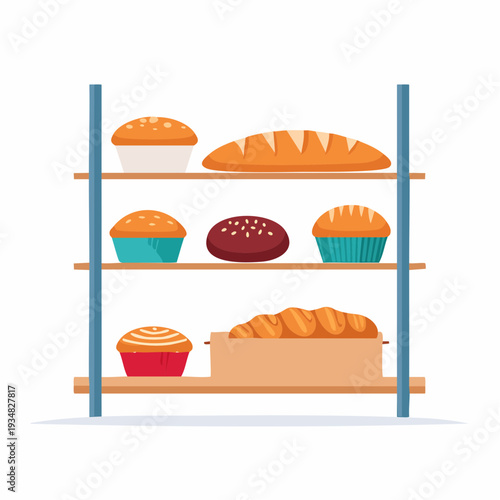 Shelf at Bakery displays variety of fresh baked breads and muffins