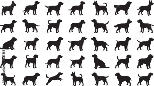 Large collection of diverse dog breed silhouettes in various poses: standing, sitting, running, on a white background.