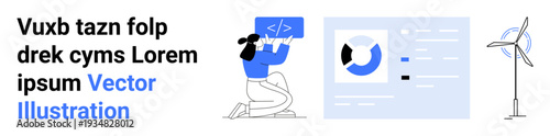 Technology development, renewable energy, data analysis, software engineering, coding efficiency, modern computing. Female figure holding code, data graphs wind turbine illustration. Technology