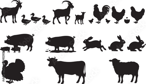 Collection of black animal silhouettes on white background: goats, ducks, chickens, rabbits, pigs, cow, sheep, turkey.