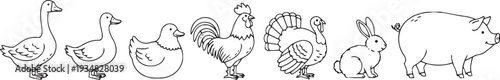 Line art illustration of farm animals: goose, duck, rooster, turkey, rabbit, pig, on white background.