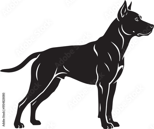 Dynamic black silhouette of a muscular dog, possibly a pitbull or similar breed, standing alert.