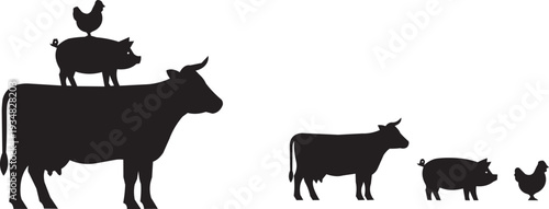 Farm animal silhouettes in a playful stacking arrangement: cow, pig, chicken, with a separate cow and calf.