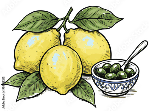 Vintage Hand-Drawn Lemons and Olives, Hand-Drawn Vintage Sketch of Lemons and Bowl of Olives Vector Illustration, Mediterranean Food Elements Lemons and Olive Bowl Isolated Cutout