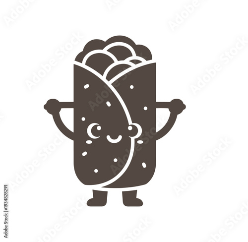 cartoon burrito character with smiling face and arms outstretched in brown color