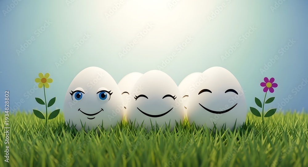 Obraz premium Smiling eggs in a sunny meadow