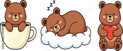 Adorable Little Brown Bear Vector Illustration Set Featuring Cute Teddy Bear in Coffee Cup Sleeping on Cloud and Holding Red Heart for Nursery Designs