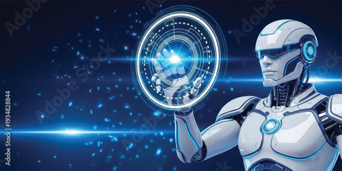 Advanced Humanoid AI Robot Interacting with Futuristic Holographic Interface and Digital Touchscreen Technology Concept Illustration