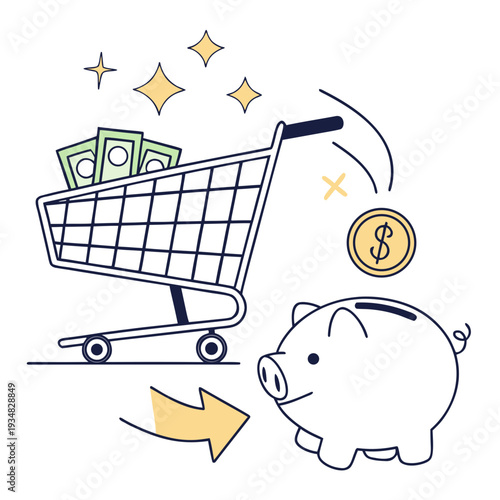Shopping cart full of cash depositing money into happy piggy bank symbolizing savings and financial growth