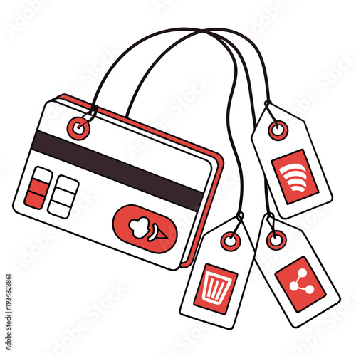 Credit card with ice cream cone design connected to digital price tags for wireless shopping and sharing