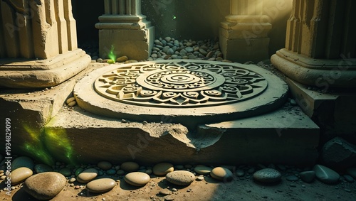 Carved Stone Platform with Green Magic in Temple Ruins, Surrounded by Pillars and Pebbles