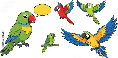 Colorful Parrot Cartoon Vector Set with Flying Macaws, Talking Tropical Birds, Cute Exotic Characters and Isolated Clipart Illustrations