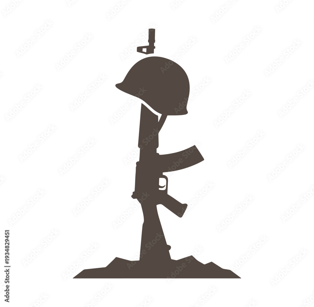 Obraz premium Silhouette of a soldier kneeling with rifle and helmet on white background