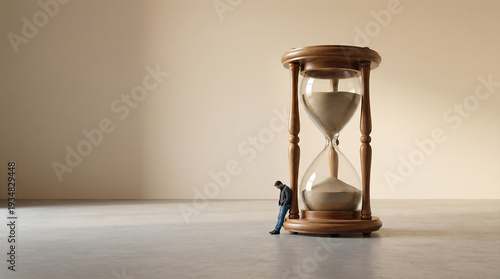 Man Leaning Against Giant Hourglass – Waiting, Patience and Passing Time Concept