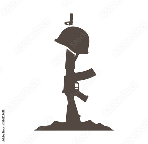 Silhouette of a soldier kneeling with rifle and helmet on white background